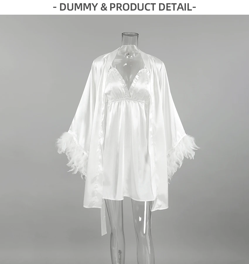 2026 Satin Comfortable Feather Pajamas Women's Autumn Thin Set Cross-border Nightgown Homewear with Braces Set — detail