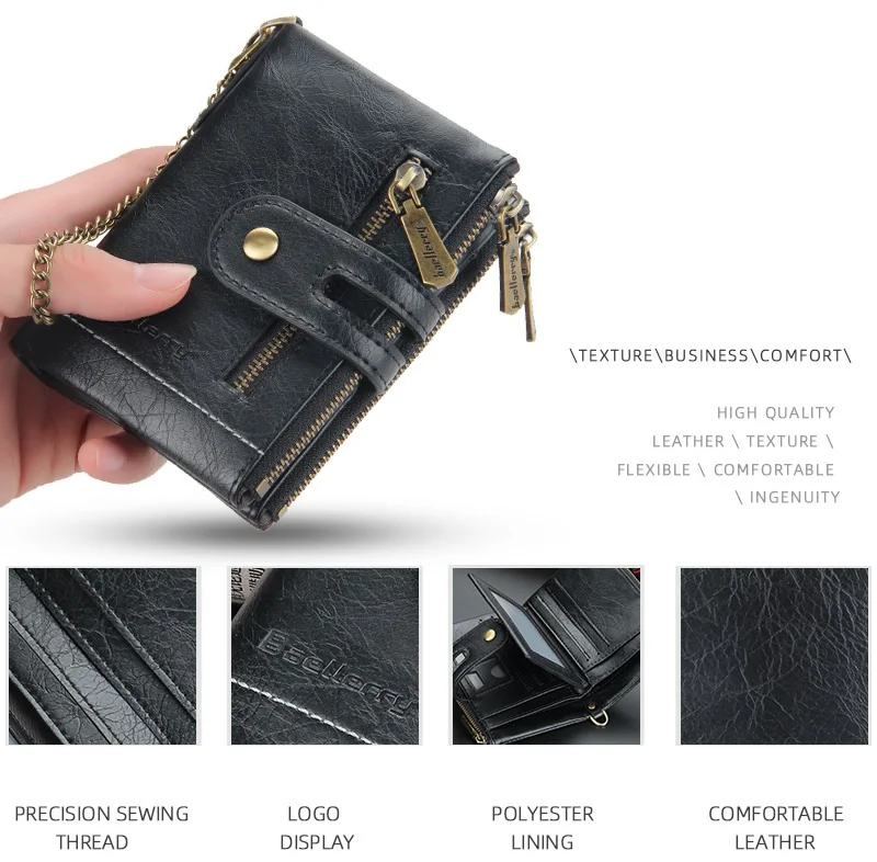 Baellerry 2021 New Wholesale Short Style Double Zipper Wallets With Chain for Men,Male Coin Purse Card Wallets Case Wholesale