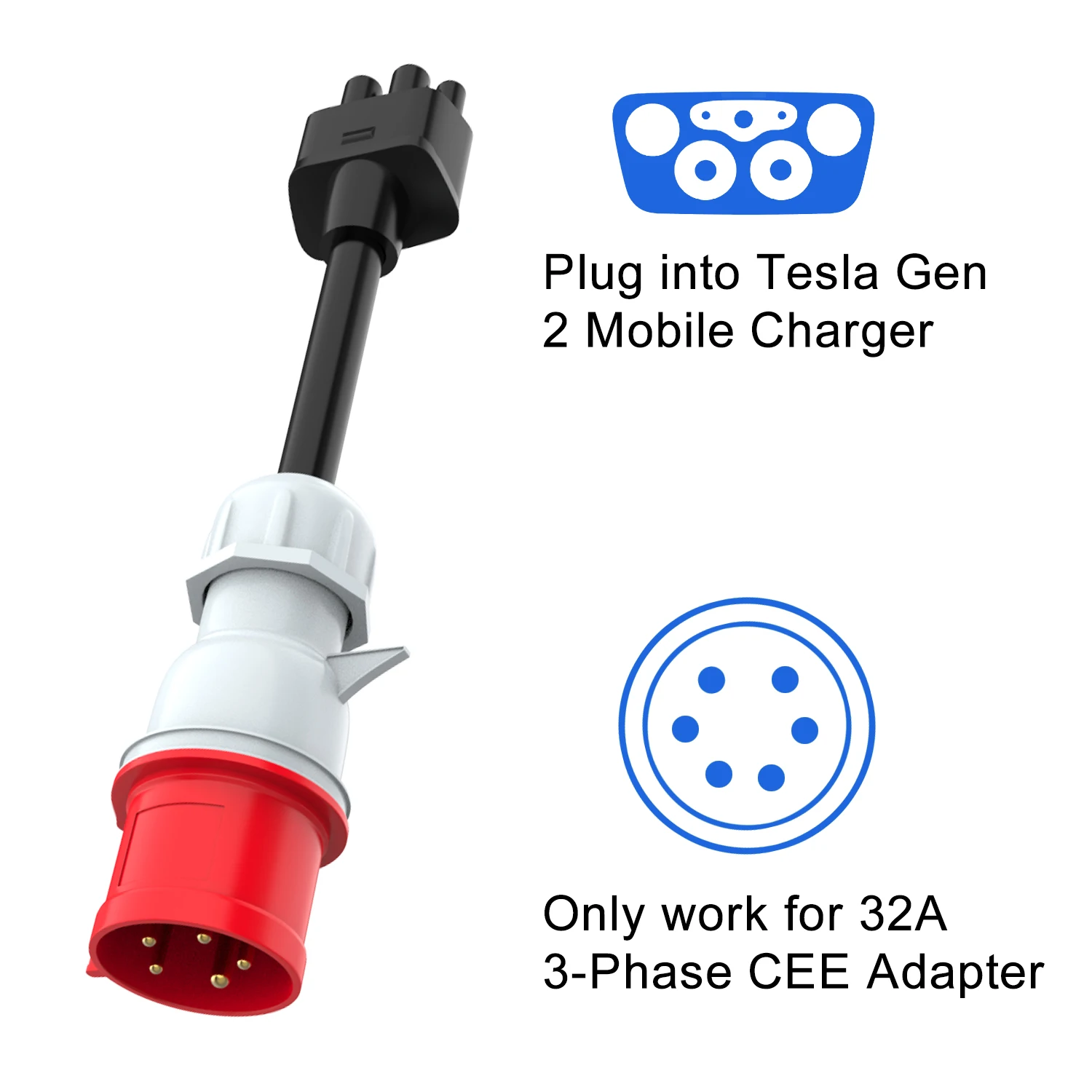 Adapter voor Tesla, adapter Cee 3-polig voor Tesla Model S/3/X/Y 32A Gen 2 EV 220-250 V oplaadkabel, verlengkabel, laadstation voor Tesla-aardkabel moet worden aangesloten