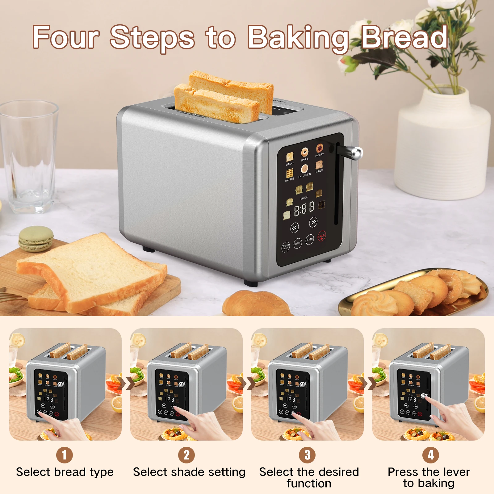 Stainless Steel Bread Toaster with Digital Screen Touch Control Multiple Functions 2 Slice Smart Toaster