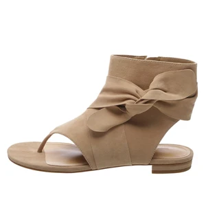 Women Beige Suede Thong Ankle Sandals Bow Accent Elegant Vacation Spring Daily Office Casual Comfort Shoes Wholesale OEM ODM