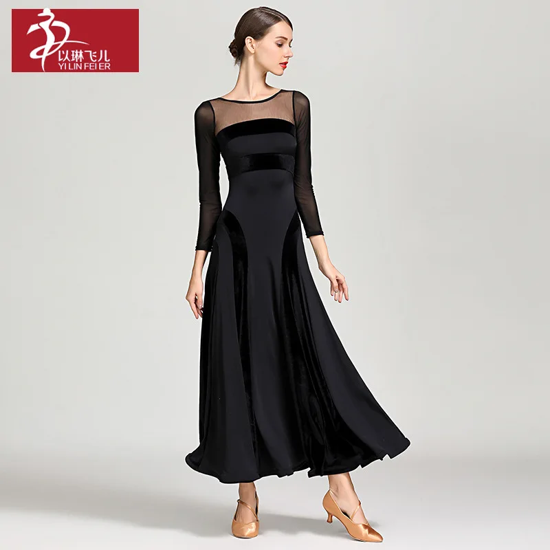 black ballroom dress Womens A-Line Long Boat Neck 3/4 Length Sleeve Ballroom Dress Lace – DANCEYM main image 1
