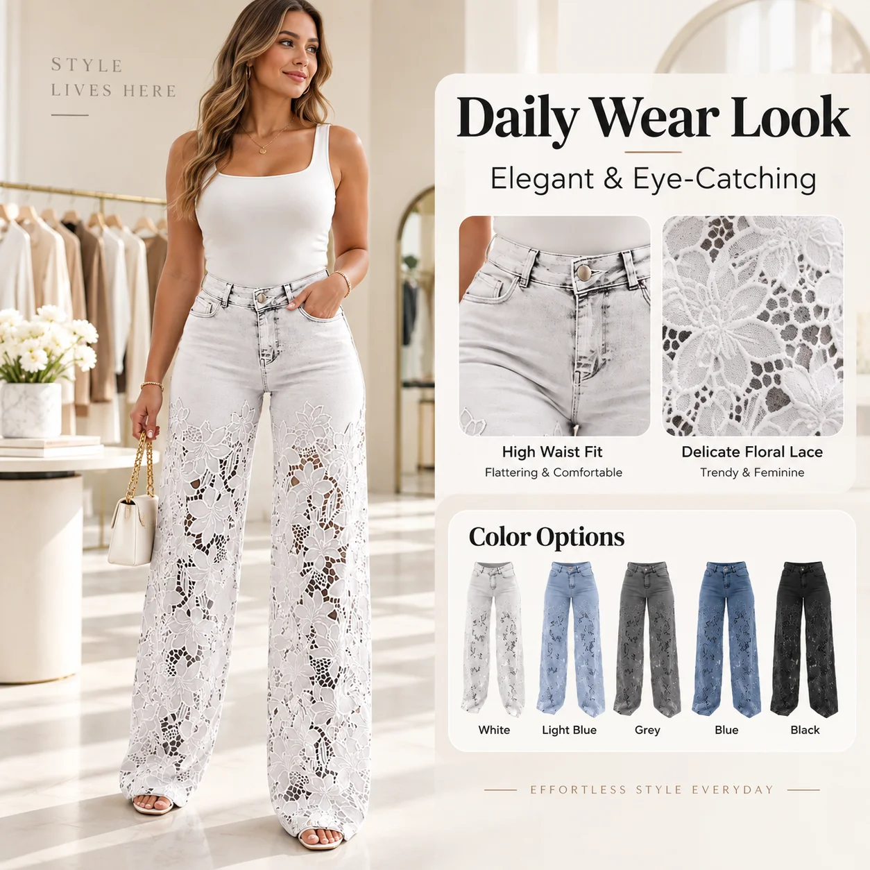 Women's Clothing High-waisted Wide-leg Pants Stylish Versatile Hollow Lace Splicing Denim Jeans