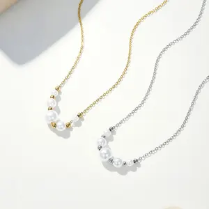 Fashion French Sporty Imitation Pearl Metal Beads Embellished Electroplated Stainless Steel Link Chain Necklace