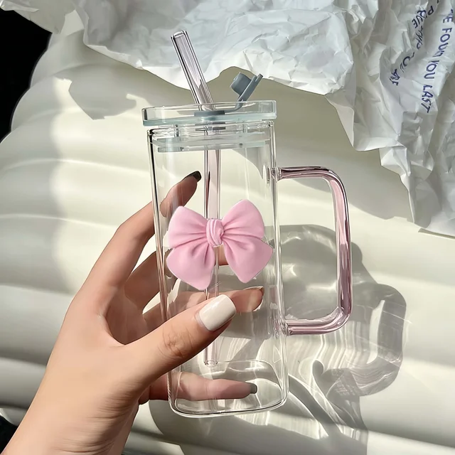 New high value straw cup ins style pink bow glass cup glass cup with lid and straw