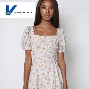 Oil Painting Floral Summer Dress - Square Neck Puff Sleeve Figure-Fitting Sweet