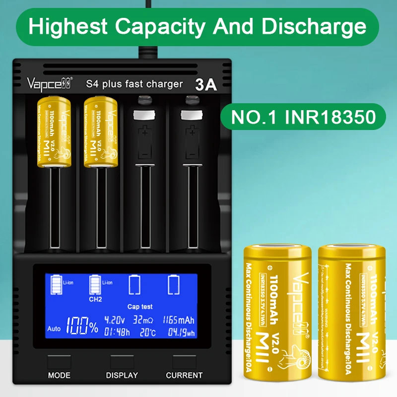 The Highest Discharge Vapcell 18350 1100mah 10A M11 V2.0 Lithium Ion 3.7v  18350 Rechargeable Batteries for Flashlight