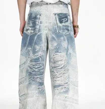 Salati Custom Denim Stone Washed Heavy Jeans Men Multi Pocket Baggy Distress Vintage Stacked Acid Wash Flare Cargo Denim Pants gallery 4