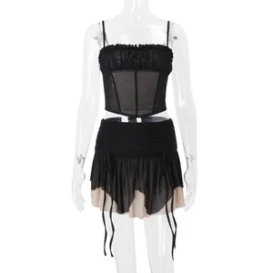 2026 Mesh Top with Sexy Pleats and Low-Waist Pleated Skirt Set