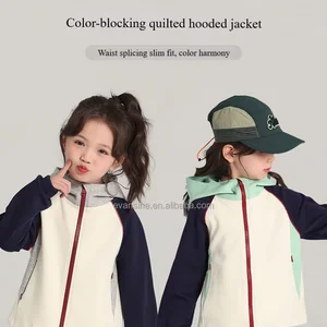 Girls Quilted Color Blocking Hooded Jacket Waist Splicing Soft Fabric Zipper Closure Slim Fit Casual Customizable