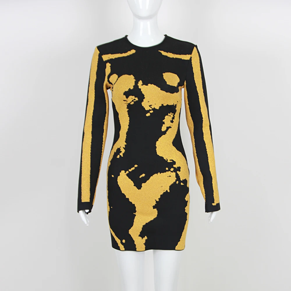 High Quality Women Bodycon Jacquard Bandage Dress Gold Stamping Casual  Elegant Dresses