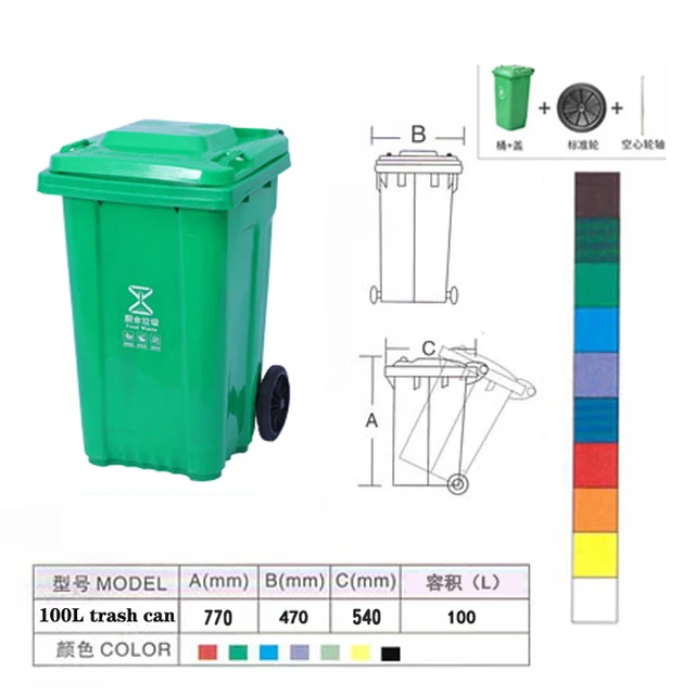 Customizable Green outdoor street 100L plastic trash can, removable 2-wheeled clamshell garbage recycling bin