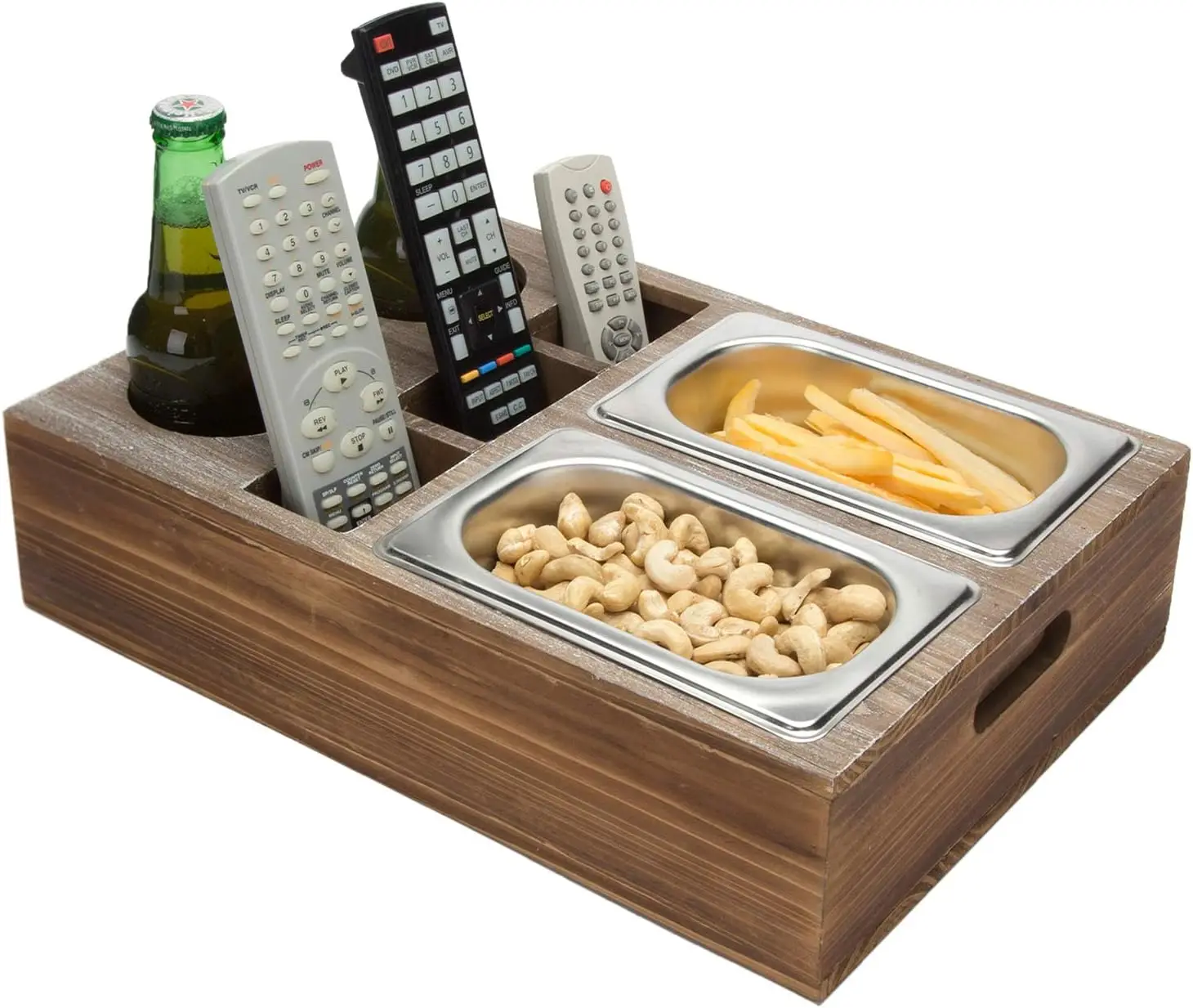 Couch Bar with 3 Remote Control Holder Slots Acacia Wood Couch Snack Caddy Tray with 2 Drink Cup Holders