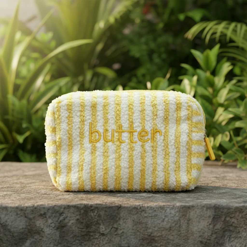 Wholesale Custom logo Cute Women Makeup Pouch Travel Toiletry Bag Monogram Plush Striped Cosmetic Bag