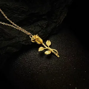 Stainless Steel PVD Gold Plated Link Chain Pendant Necklace for Women Trendy Vertical Rose Flower Shape for Anniversary Parties