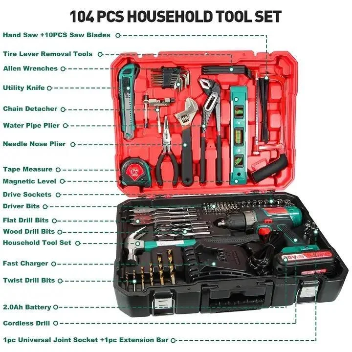 104pcs 12v Electrical Power Tool Box Hand Tool Kits Auto Car Tire