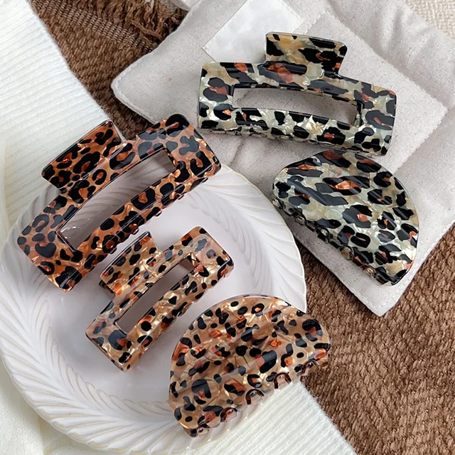 Vintage Leopard Print Hair Clips Square Hollow No Slip Acrylic Shark Hair Claw Women Girls Casual Makeup Hair Claw