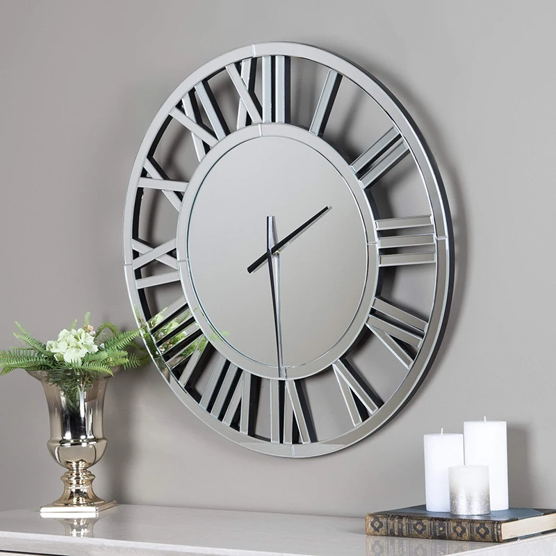 Большая Современная Гостиная серебряное зеркало декоративные круглые Настенные часы