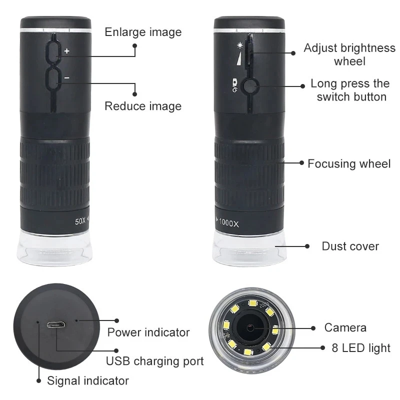 1000X Digital Microscope HD LED USB WiFi Digital Video Mobile Phone Microscope Camera for Smartphone
