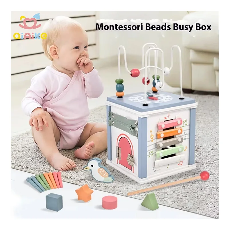 Montessori Activity Cube Beads Toys Multifunctional Game Wooden Educational Treasure Box for kids