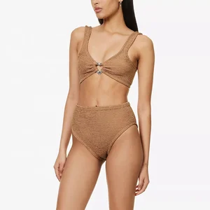 Bikini Swimsuit Manufacturer Women Custom Crinkled Texture High Rise Bikini tank Top Beachwear Sexy Bathing Suit 2piece Swimwear