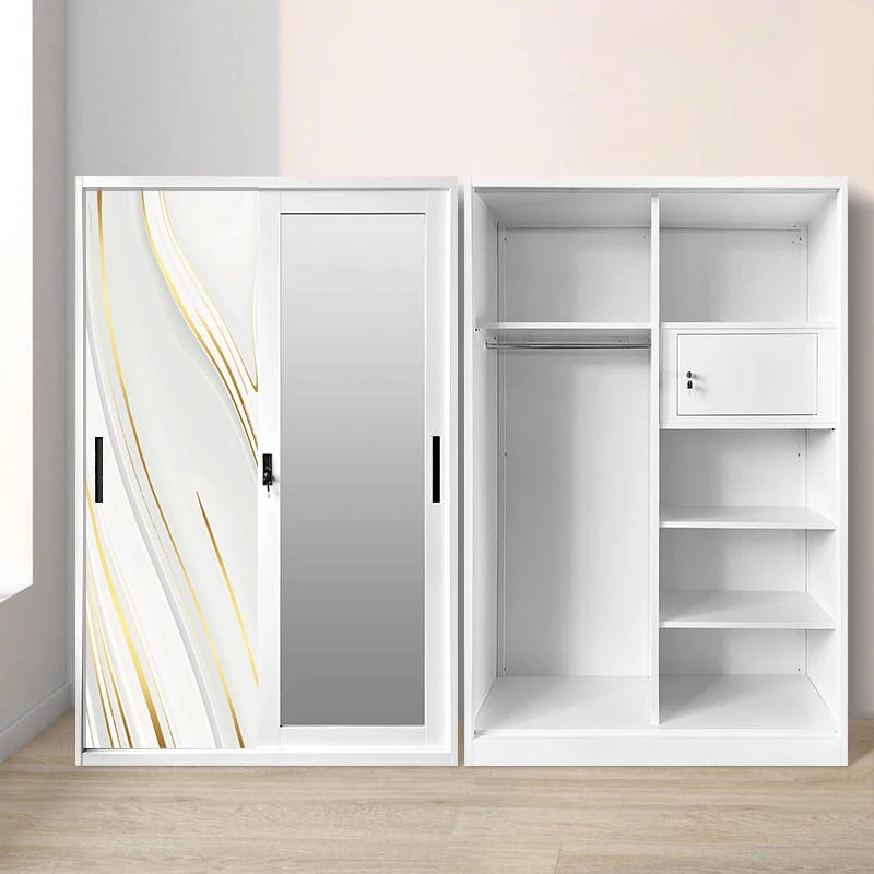 ഉറക്കമുറിയിലെ ക്രമീകരണത്തിനായി കണ്ണാടിയുള്ള രണ്ട് വാതിലുകളുള്ള സ്ലൈഡിംഗ് മെറ്റൽ ക്ലോസറ്റ്