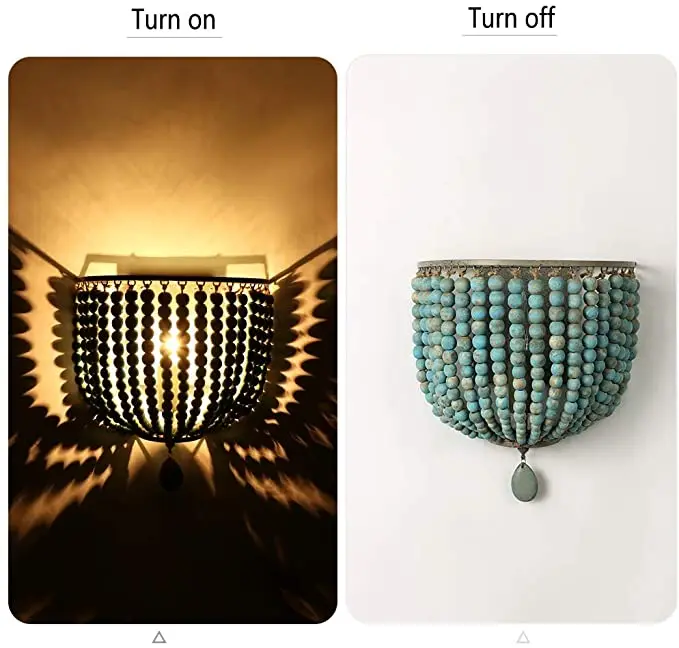Vintage Bohemian Wood Bead Wall Lamp Gray Blue American Style Home Corridor Bedside LED Light for Living Room Villa Homestay