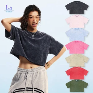 Wholesale Huili Collection 100% Cotton Solid Color Y2k Acid Washed Crew Neck Short Oversized Boxy Crop T-Shirt for Women