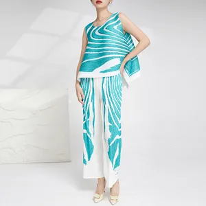 2025 Summer Miyake Latest Design 2-piece Set Women's Casual Printed Sleeveless Tank Top Shirt and Printed Pleated Pants