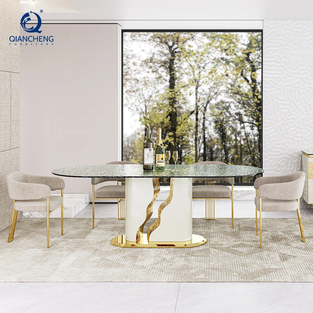 Modern Style Elegant Dining Table for Luxury Villa Furniture Complete Design Wave Stainless Steel Base Large Size Oil Dining Set