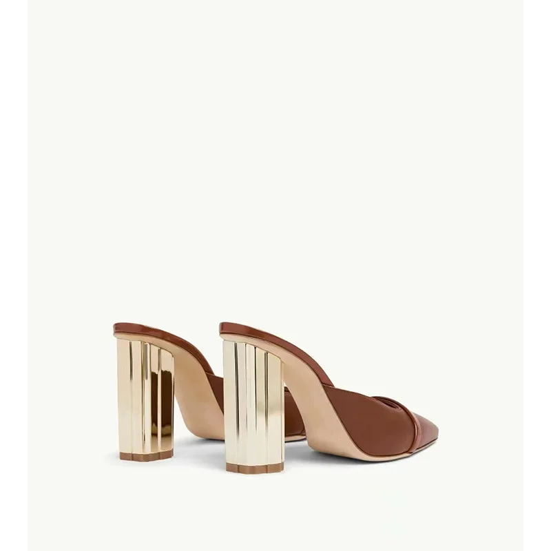 Hot Selling Office Lady Work Shoes Brown Mule Sandals With Gold Square Heels Fashion Slip-on Large Size Women High Heels - Image 3
