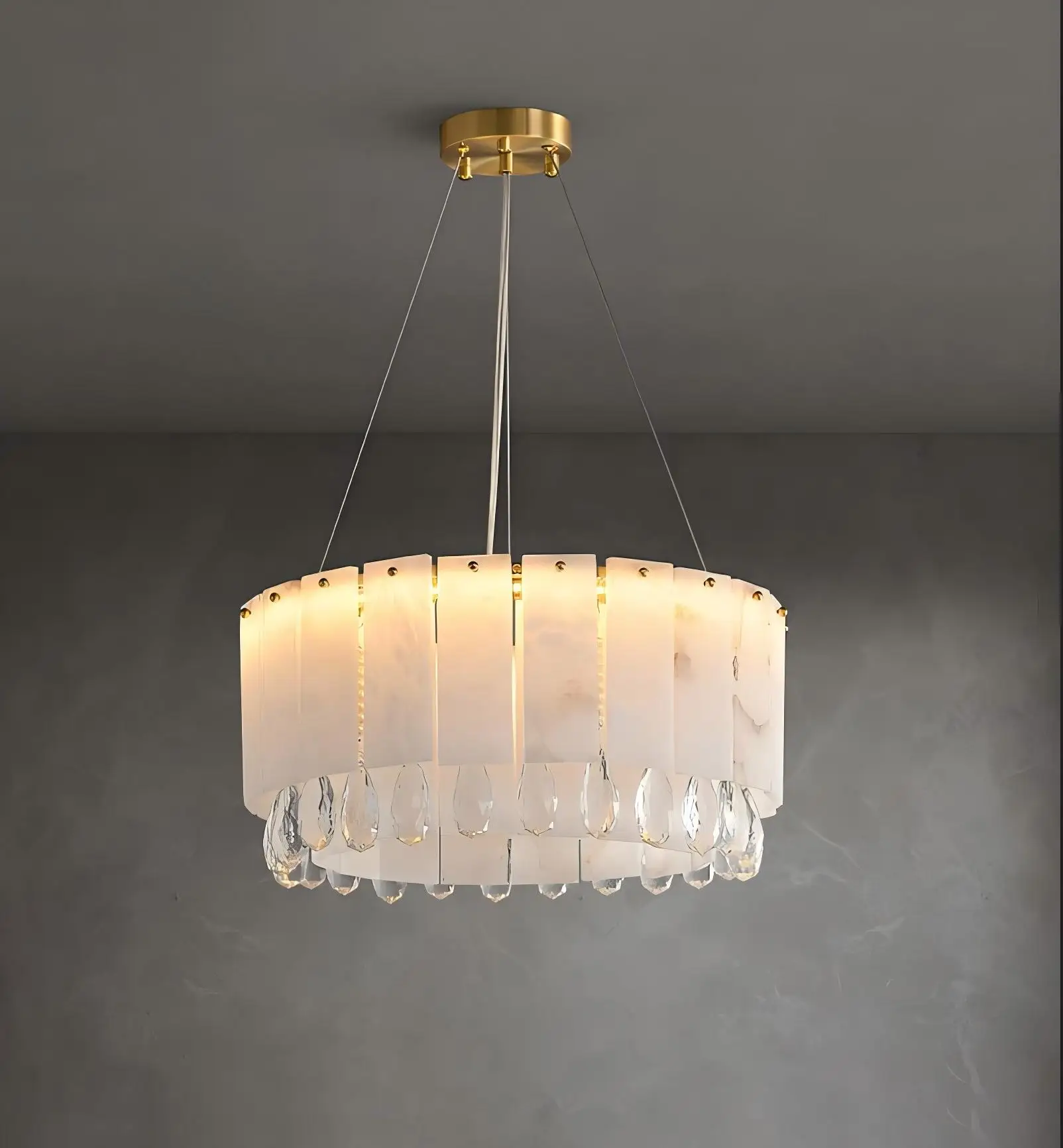 Dinning Table Hanging Decorative Round Ball Led Pendant Lamp Brass Alabaster Chandelier Luxury Snowflake Marble Lights