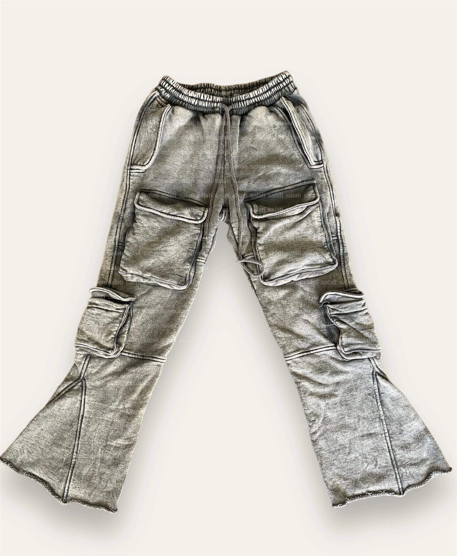 Custom Streetwear Cut and Sew Raw Hem Cotton French Terry Grey Blank Heavyweight Acid Wash Flare Sweatpants Stack Cargo Pant Men gallery 7