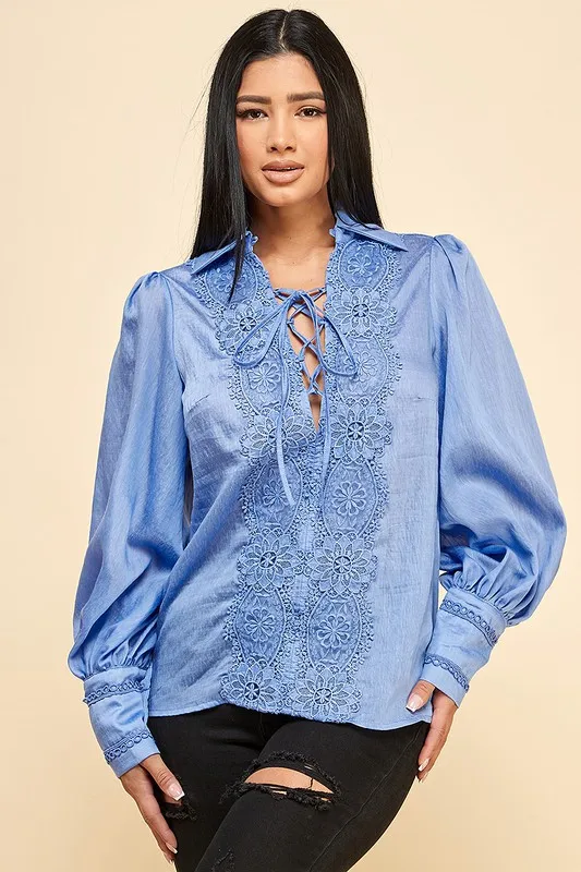 Ladies Elegant Lace V-neck Drawstring Top - Image 2