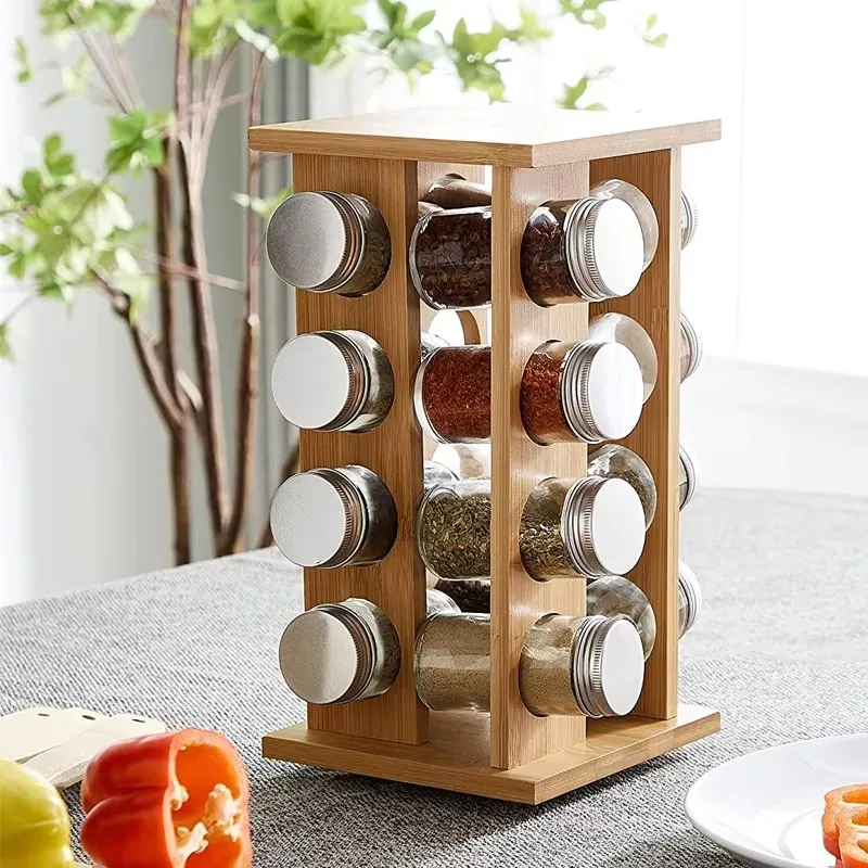 product 16 jars bamboo revolving seasoning bottles organizer shelf holder rotating spice rack for kitchen countertop-7