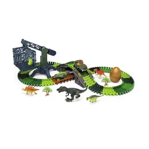 144 Pcs Electric Race Car Dinosaur Cars Track Toy Set Plastic Construction Crane Dinosaur Egg 1:20 Scale 3-A Battery Operated