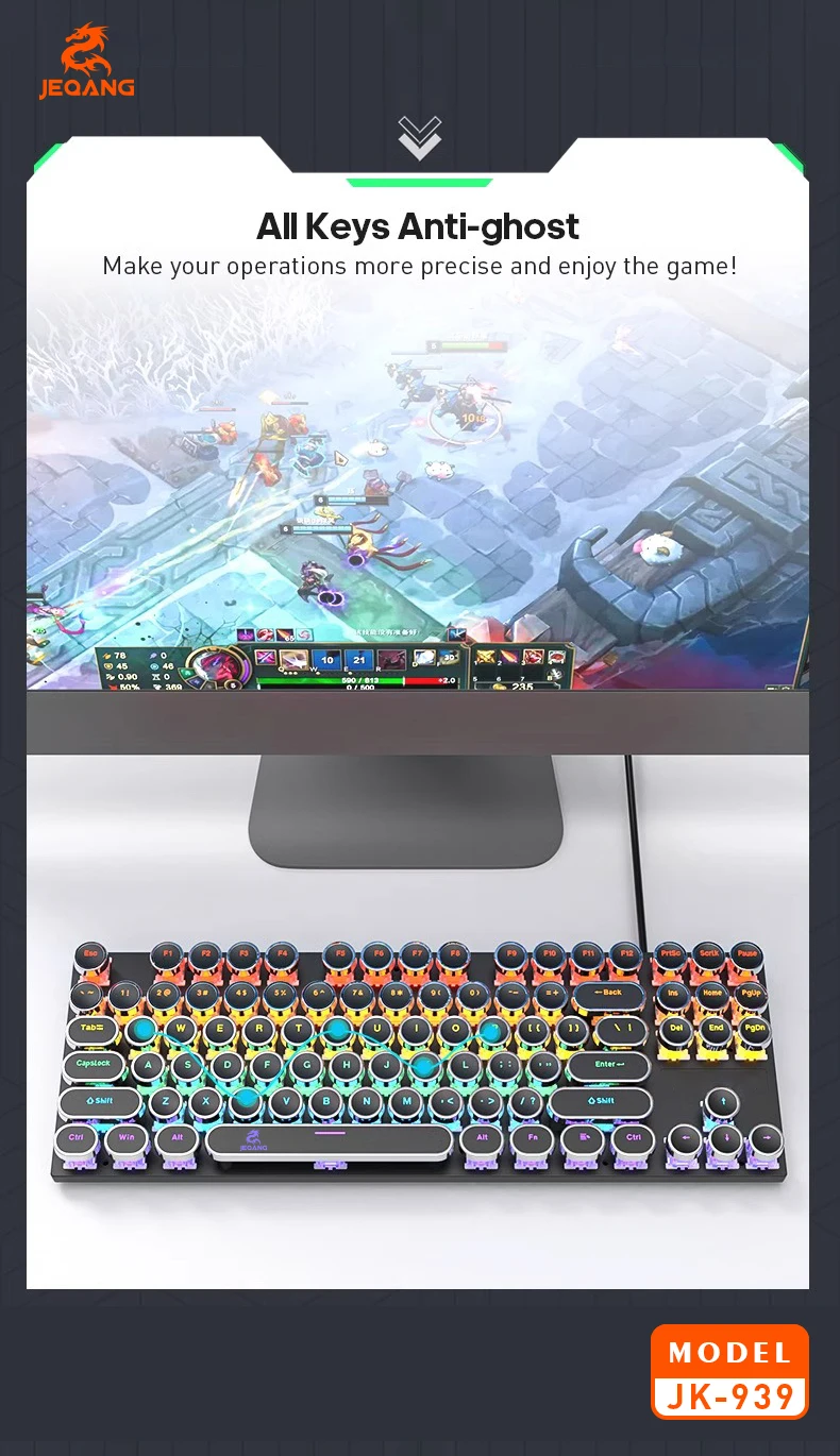Jeqang JK-939 87-Key Wired Mechanical Keyboard QWERTY Layout with Green Shaft Punk Style for PC Gamers