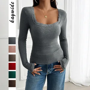 Lace Top Women's T-Shirts Y2K Slim Fit Long Sleeved Knitted Tee Tops