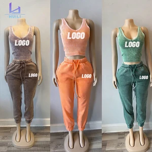 Huili Oem Acid Washed Ribbed Vest tank Top & Sweatpants Custom Logo 2 Piece Sports Running Y2k Vintage Jogger Sets Women