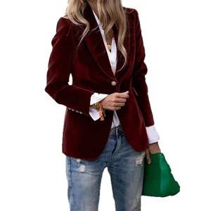 Customize Elegant Slim Fit Women's Blazer V-neck Single Button Closure Knitted Solid Pattern 100% Polyester Anti-Shrink