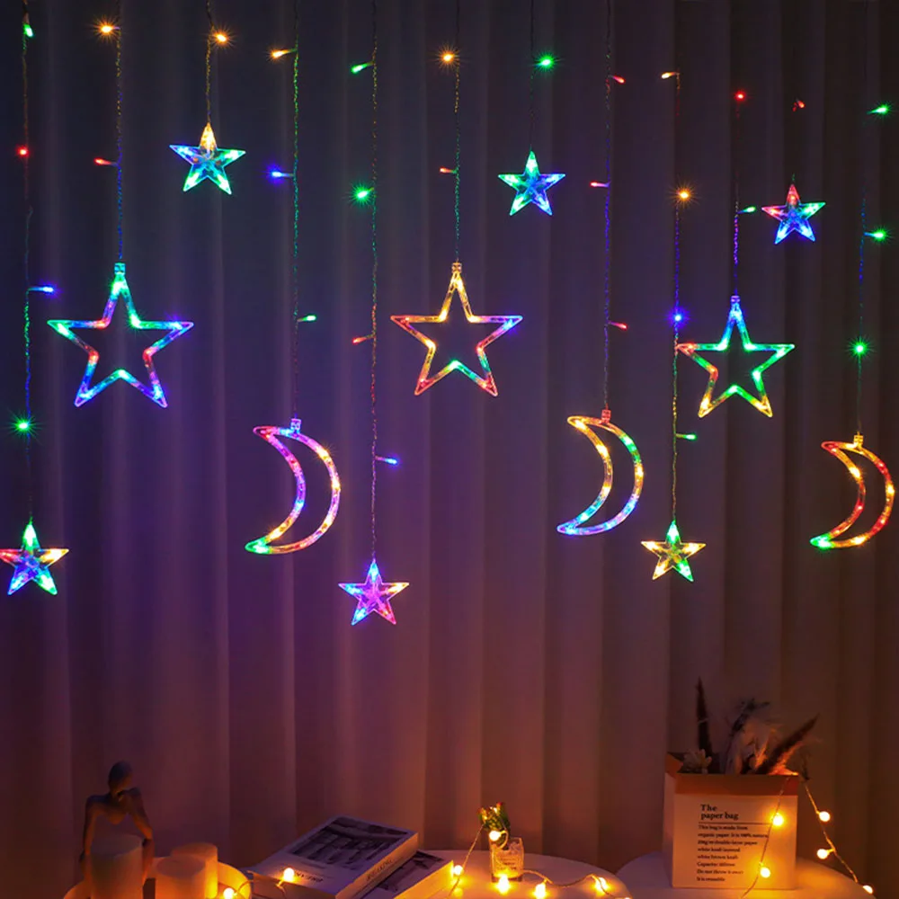 Beautiful Christmas Festival Moon Star Bedroom Living Room Courtyard Decoration Ornament Curtain Light LED Lamp