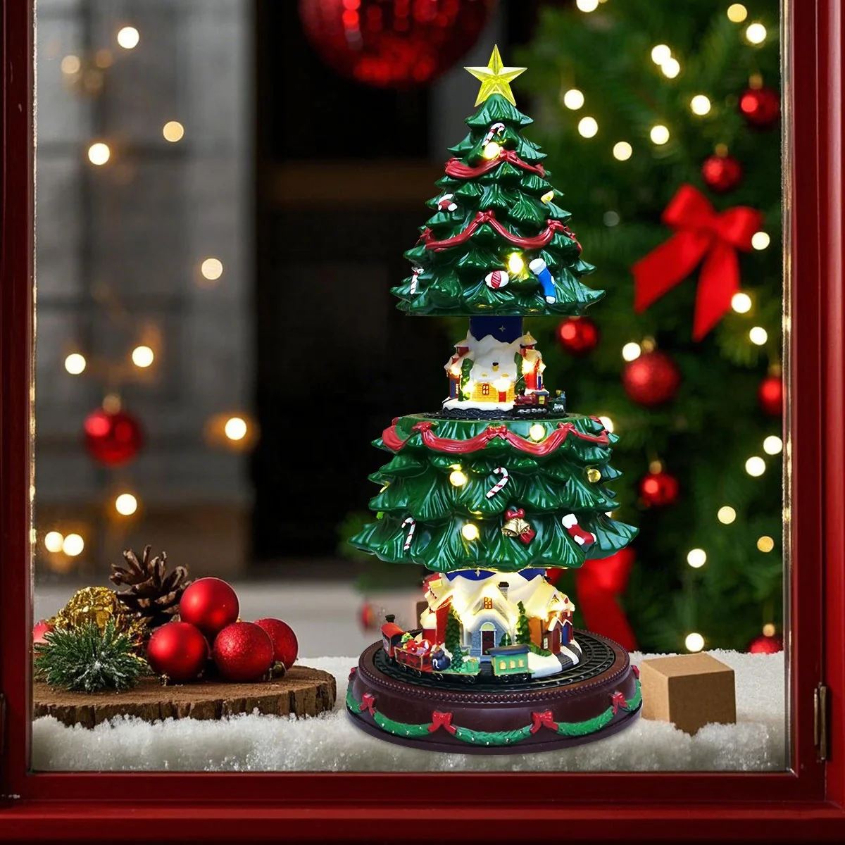 LED Light-Up Animated Christmas Village House with Christmas Tree