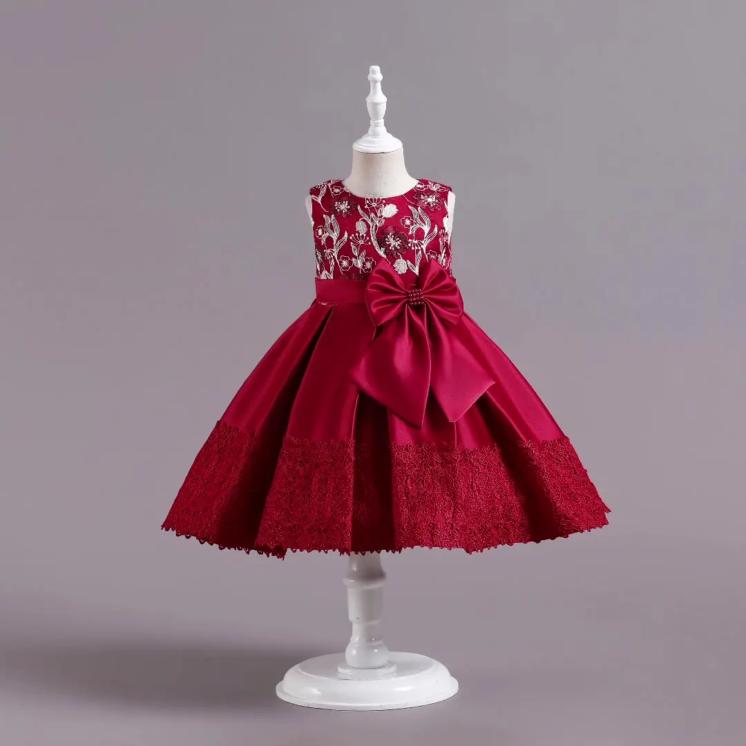 New Girls Prom Princess Long Sleeve Large Bow Pattern Satin Embroidered Christmas Party Show Dress 4