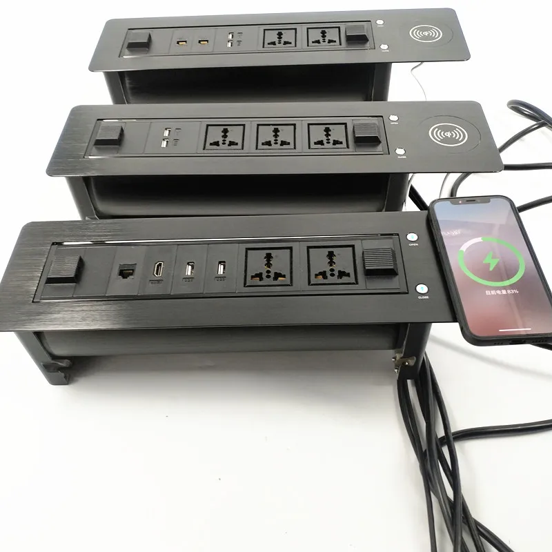 Table Hidden Desktop Rotating Cable Cubby Electrical Socket Panel Motorized Flip Tabletop Socket with Fast Wireless Charger