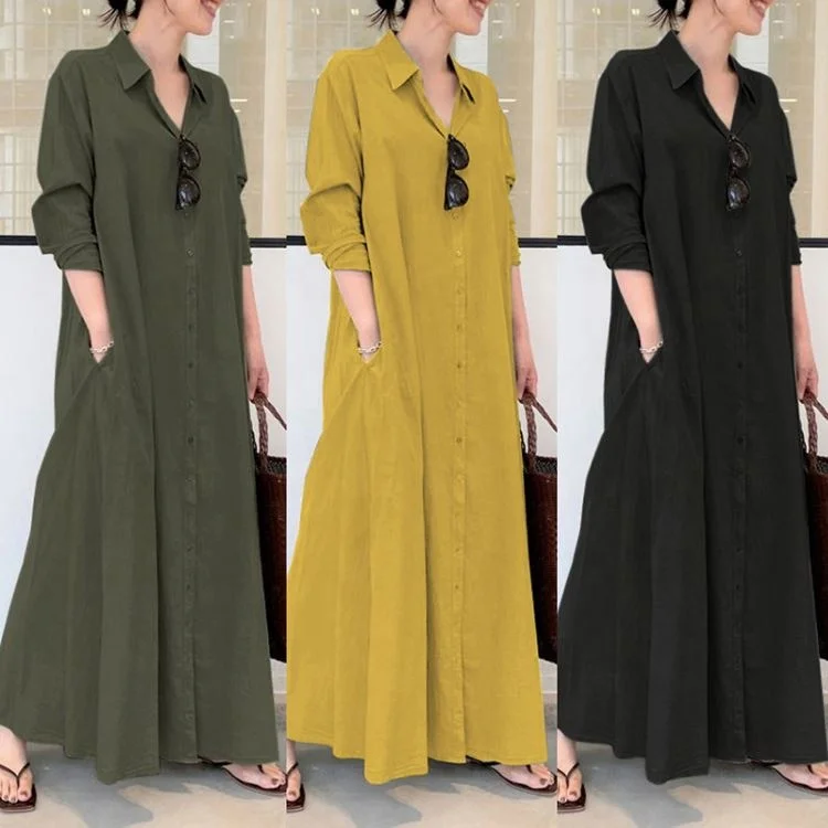 2022 New Style for Women Spring Autumn Shirt Dress Pure Color Long Sleeve Pocket Button Muslim Simple Loose Casual Long Dress