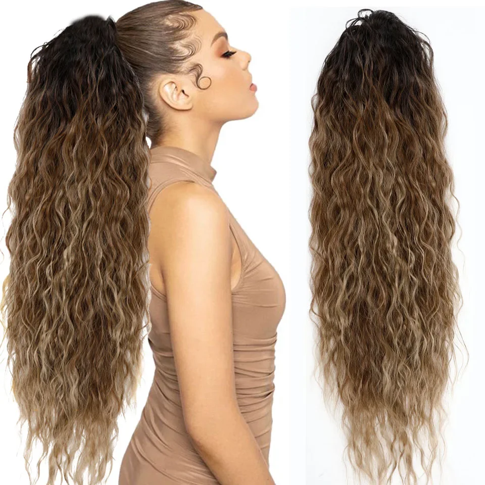 Water Wave Drawstring Ponytail Hair Extensions 170g 26in Curly Pony tail Natural Black Color 100 Brazilian Remy Human Hair 1B_voghion.com