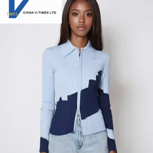 China V-times 2026 Women's Korean Style Short Slim Zipper Knitted Cardigan Spring New Patchwork Color-Block Sweater