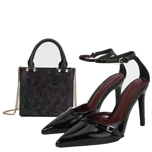 Quites Za Women's Pointy Toe Pu High Heel Buckle Decorated Party Bag Shoe Set Beach Brand Wholesale Fashion Sandals and Handbags