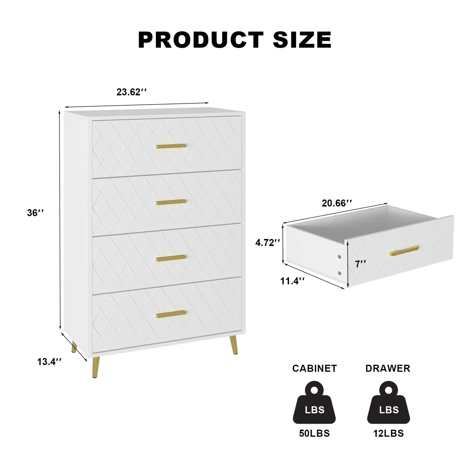 Modern White 4 Drawer Dresser Wood Chest of Drawers With Gold Handle and  Legs Tall Dresser for Bedroom Living Room