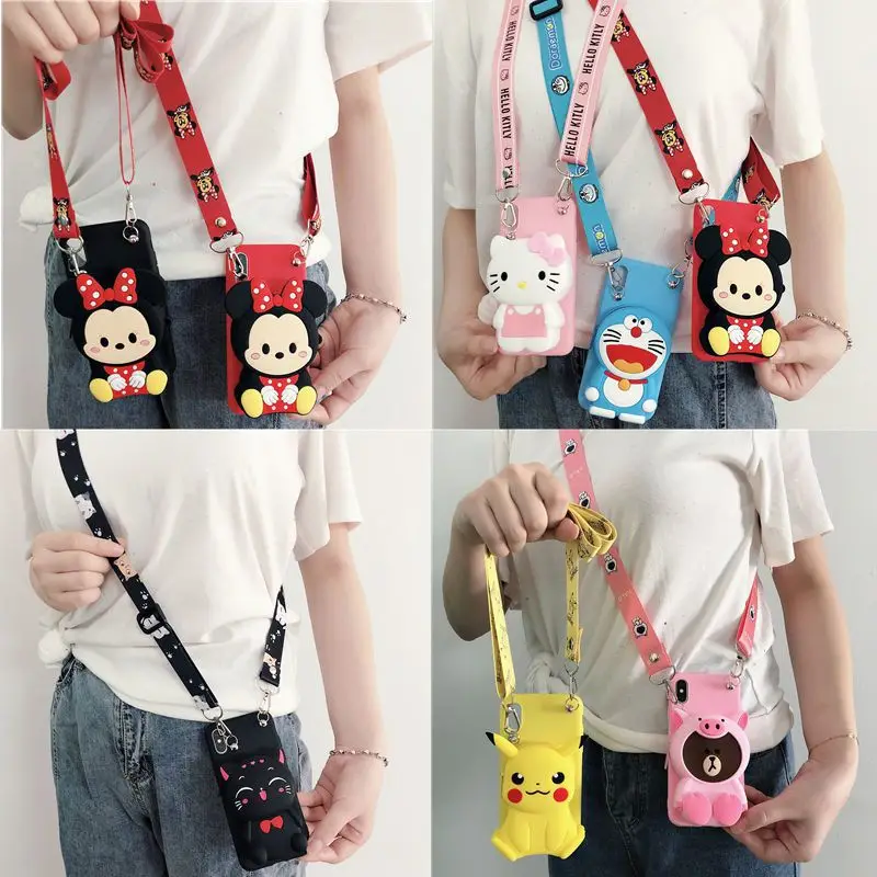 3D милый мультяшный кошелек сумка Силиконовый мягкий чехол для телефона iPhone 13 12 Pro Huawei Samsung со шнурком
